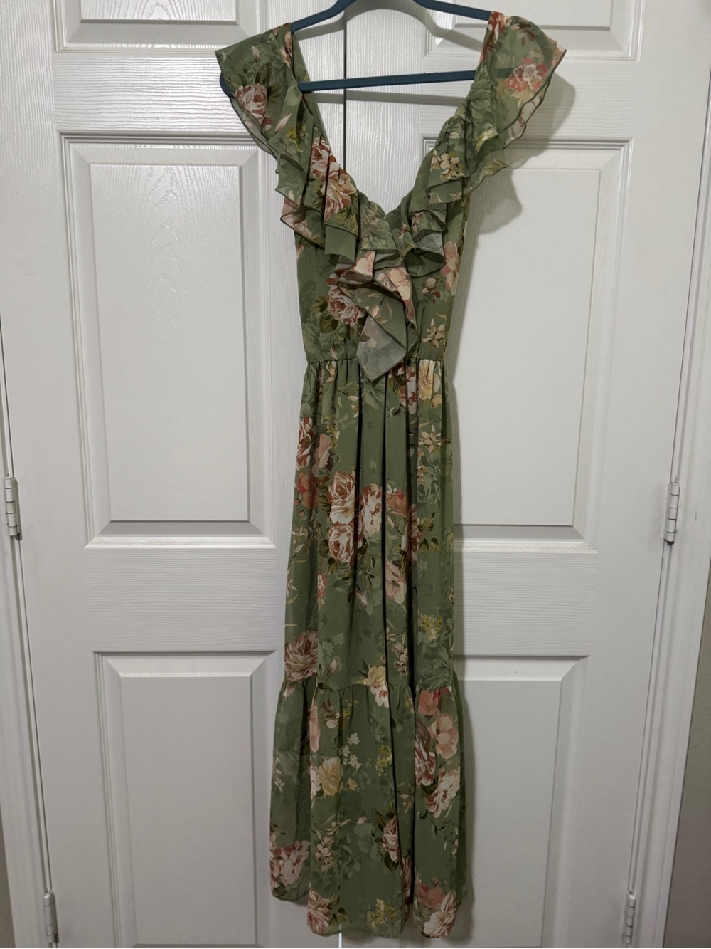 Zara Olive Green Floral Ruffle Midi Dress with Blush & Cream Blooms Size Small